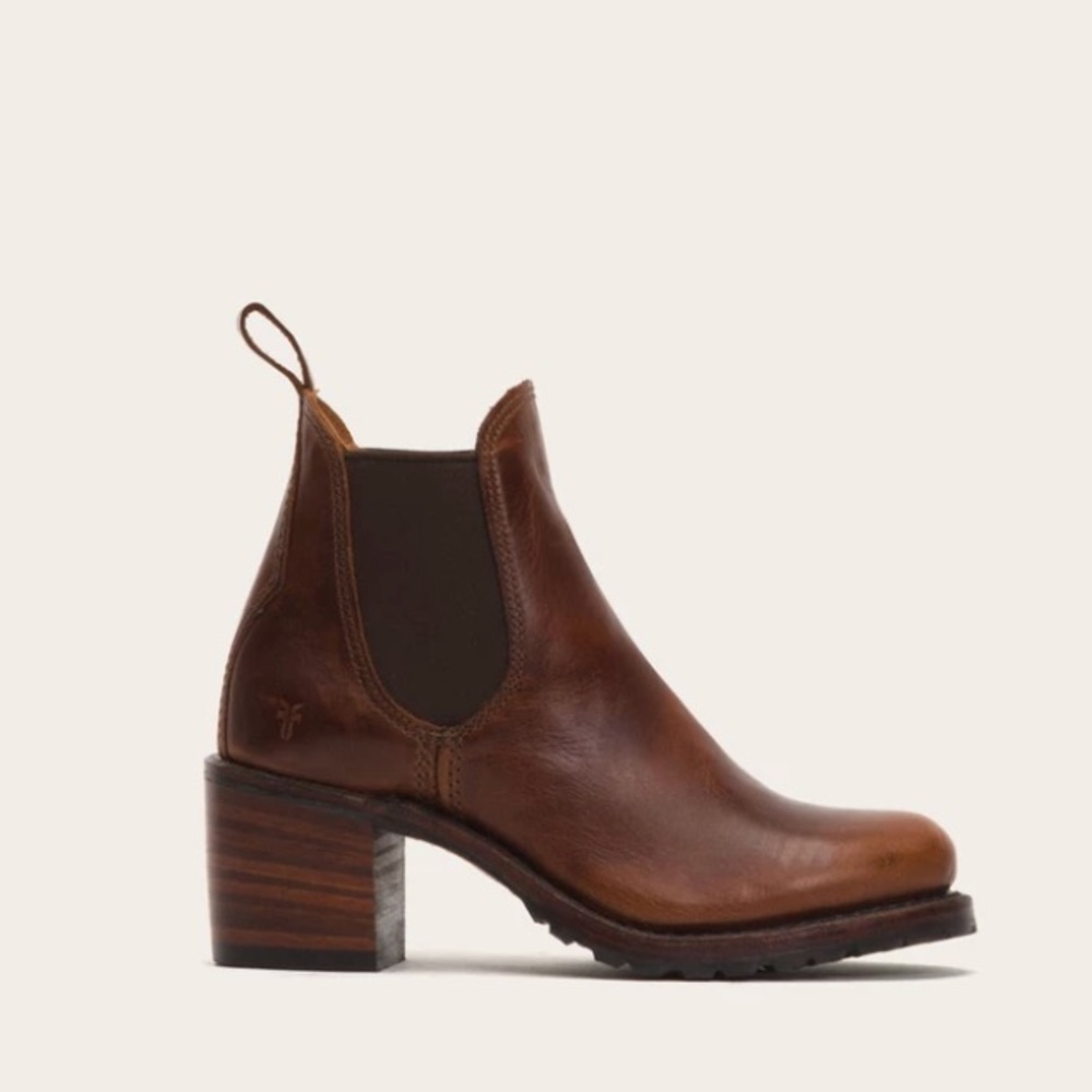 FRYE Sabrina Chelsea — brown, heeled booties.